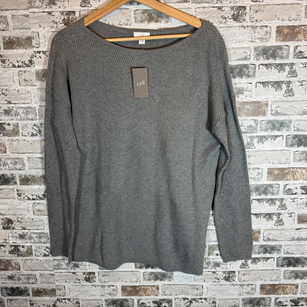 J. Jill Womens Ribbed Boat Neck Sweater Dark‎ Grey Heather Cotton Blend NWT M